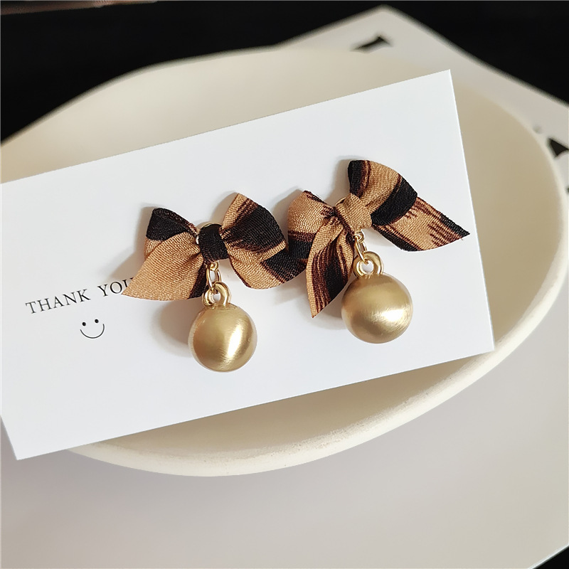 豹紋蝴蝶結耳環 棕色