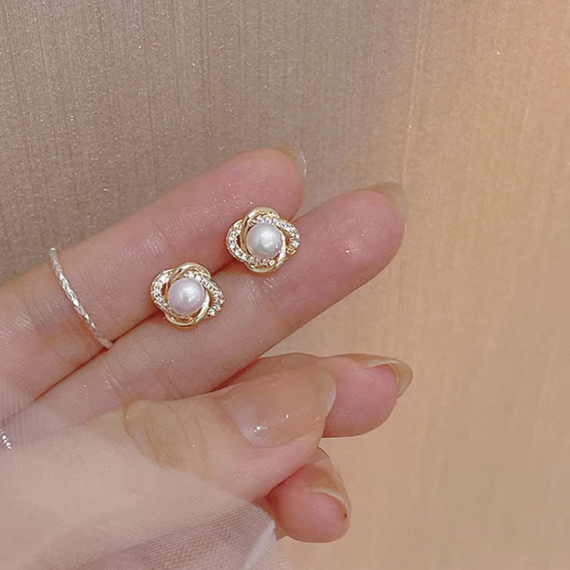 花形鑽珍珠耳環 金色