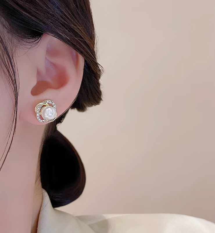 花形鑽珍珠耳環 金色