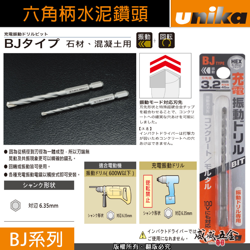 UNIKA 日本｜一體成型六角柄水泥鑽尾 六角軸萬用水泥鑽頭 石材鑽 混凝土用鑽頭 水泥鑽 鑽孔器｜BJ系列