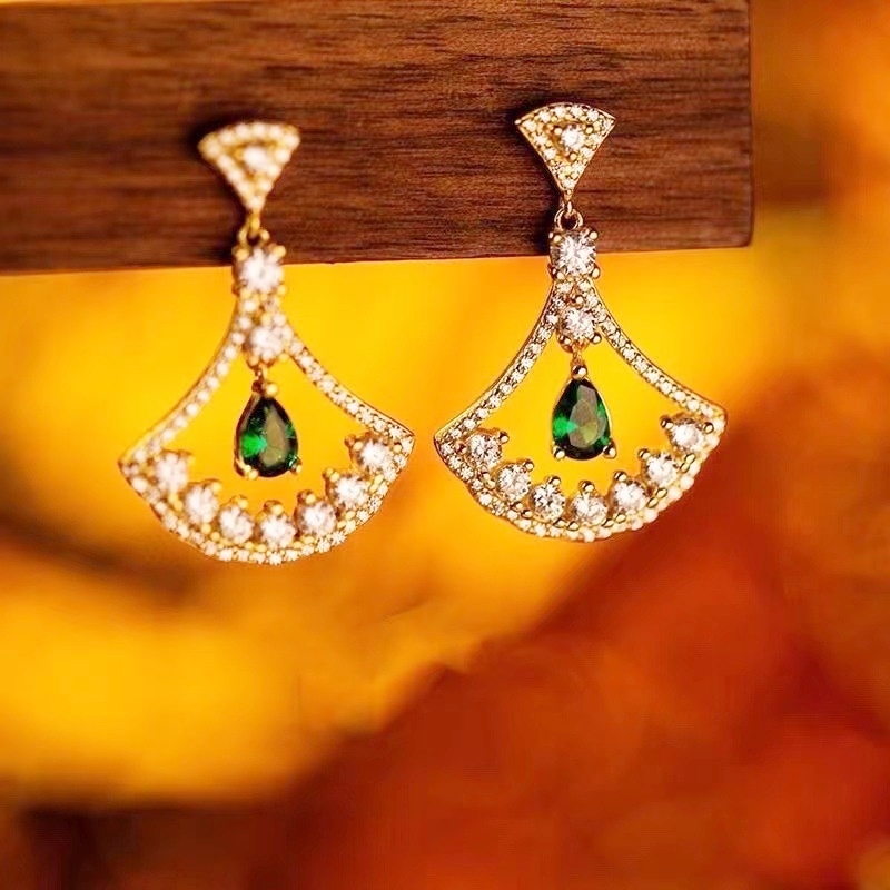 水鑽扇形耳環 綠色
