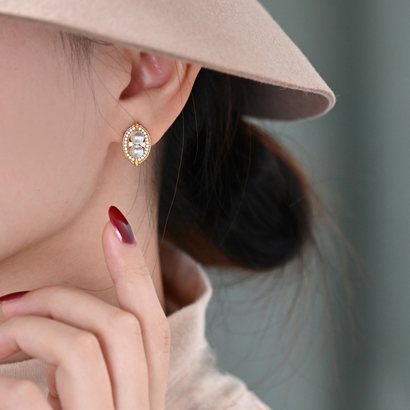 珍珠鑽橢圓耳環 金色