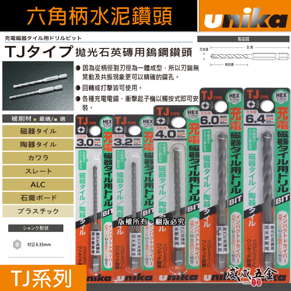 UNIKA 日本｜六角柄水泥鑽尾 拋光石英磚用鎢鋼鑽頭 六角軸水泥鑽頭 板岩大理石花崗石用 鑽孔器｜TJ系列