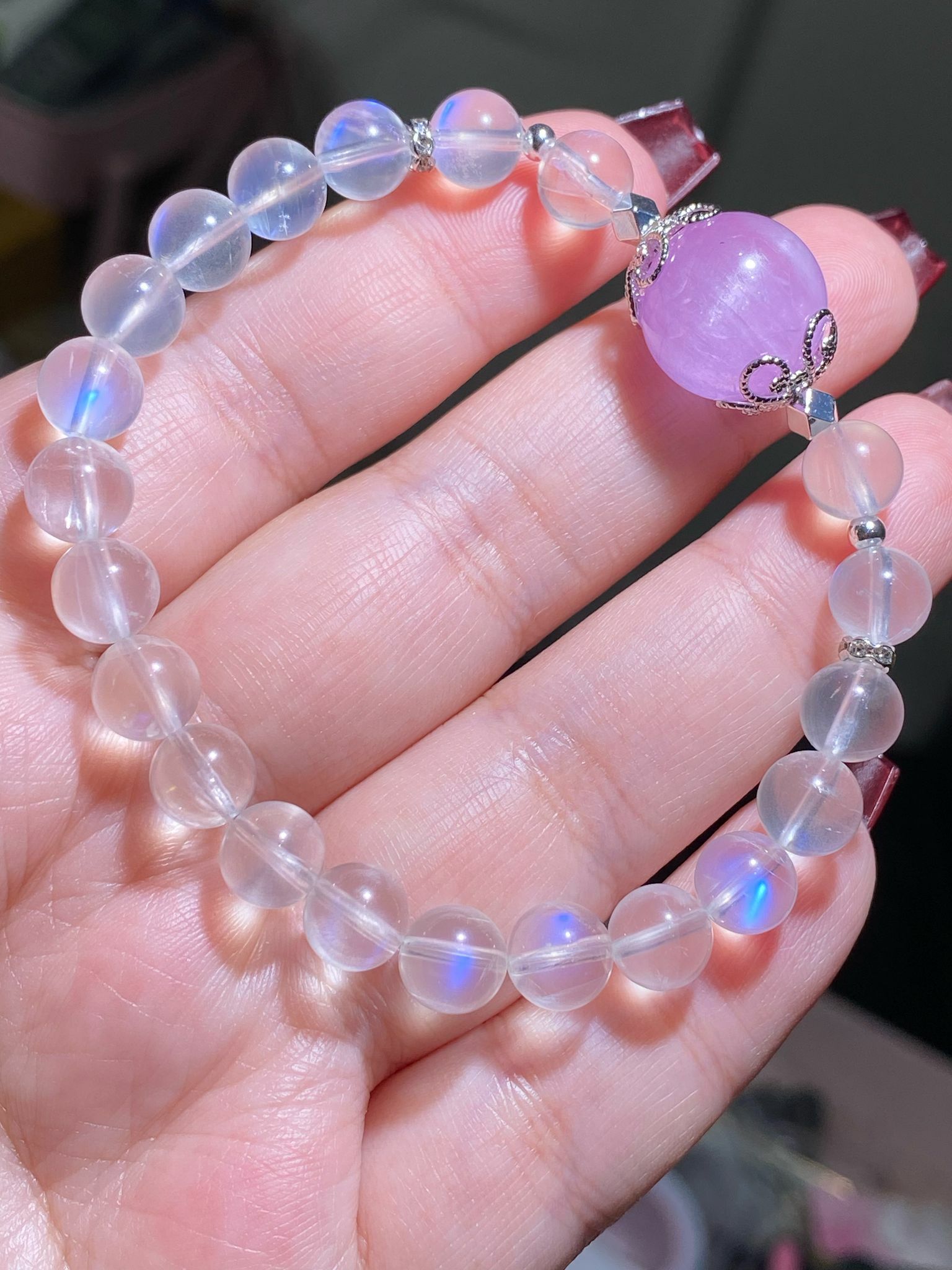 藍光月亮石配貓眼紫鋰輝珠