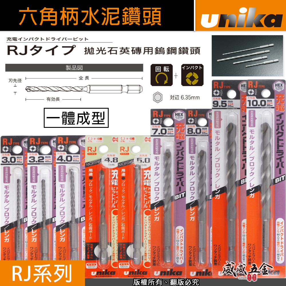 UNIKA 日本｜一體成型六角柄水泥鑽尾 六角軸水泥鑽頭 瓷磚人造石大理石花崗石六角鑽頭 拋光石英磚用鎢鋼鑽頭｜RJ系列