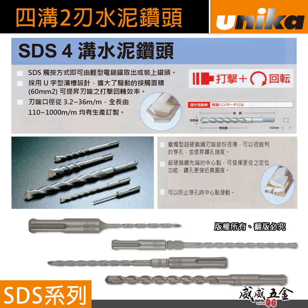 日本 UNIKA｜四溝水泥鑽頭 四溝兩刃水泥鑽尾 免出力電鑽用 四溝2刃水泥鑽頭 石材 混凝土用4溝鎢鋼鑽頭｜SDS系列
