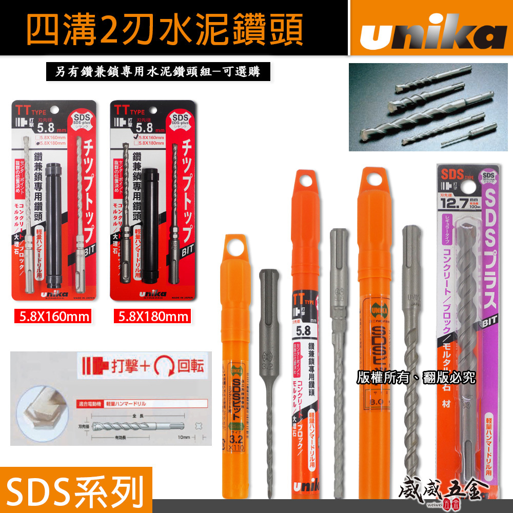 日本 UNIKA｜四溝水泥鑽頭 四溝兩刃水泥鑽尾 免出力電鑽用 四溝2刃水泥鑽頭 石材 混凝土用4溝鎢鋼鑽頭｜SDS系列