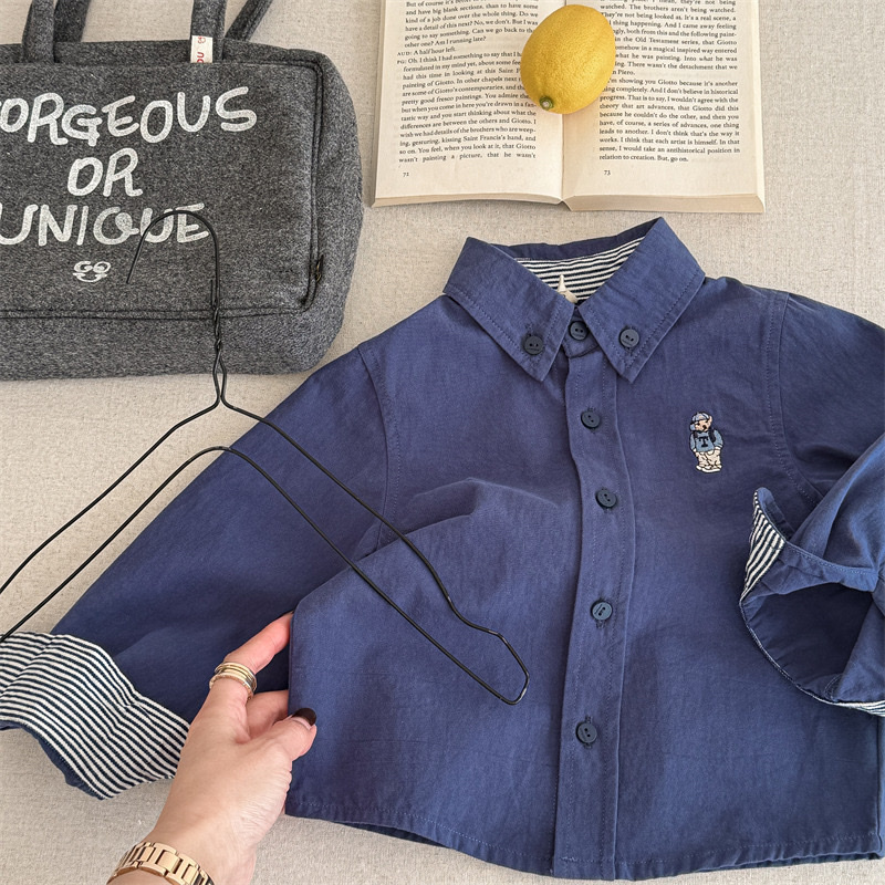 水洗棉刺繡熊條紋上衣