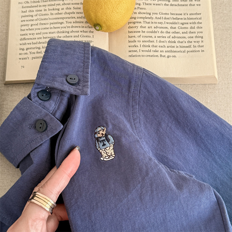 水洗棉刺繡熊條紋上衣