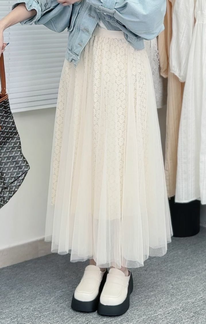 SK#6857 🤍Moon Black 兩層網紗刺繡裙