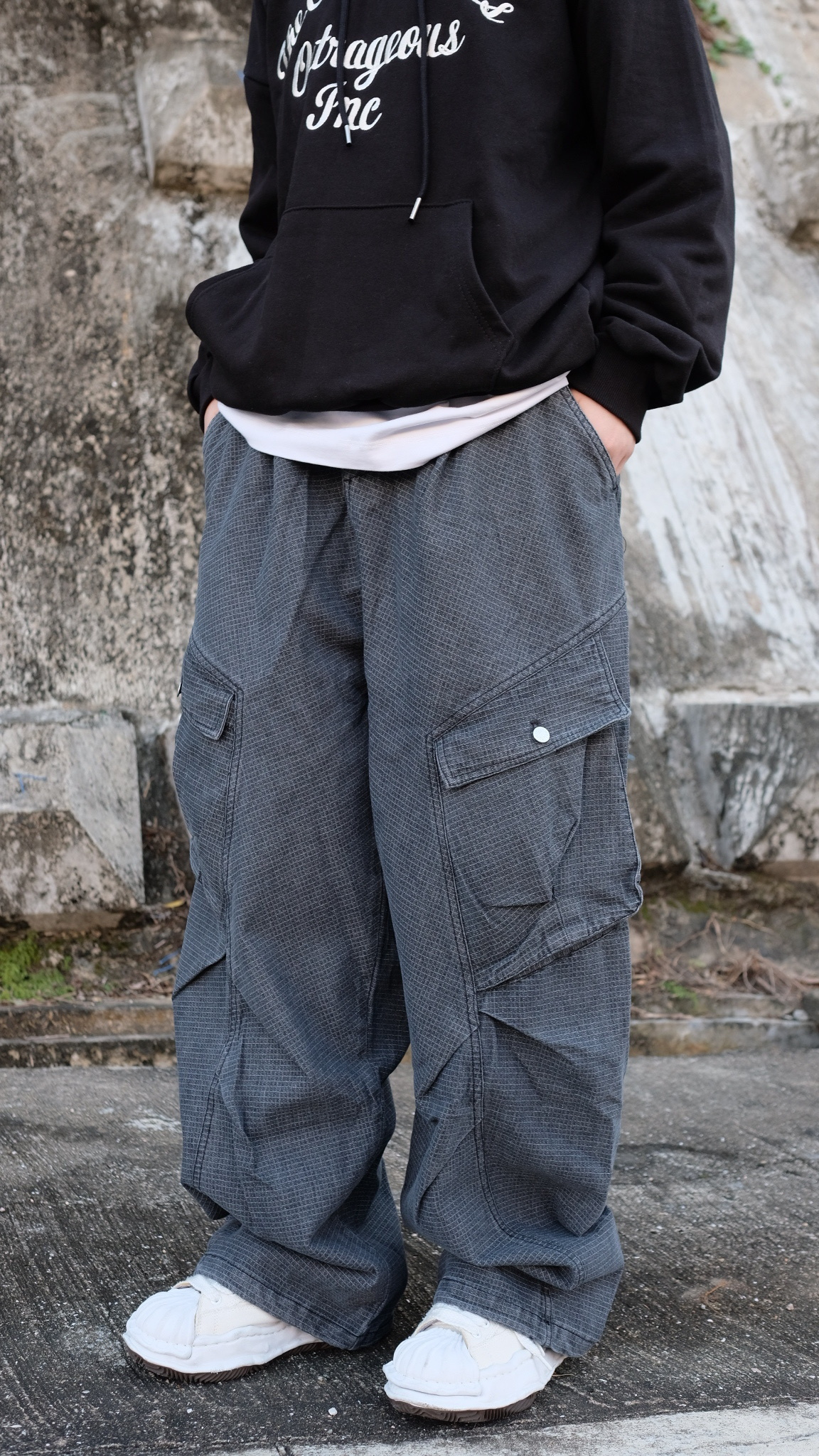 LPT格紋斜袋闊褲