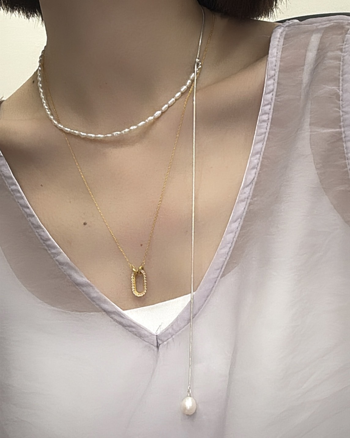 (韓國漲價不折扣)一半珍珠一半蛇骨抽拉項鍊/925銀