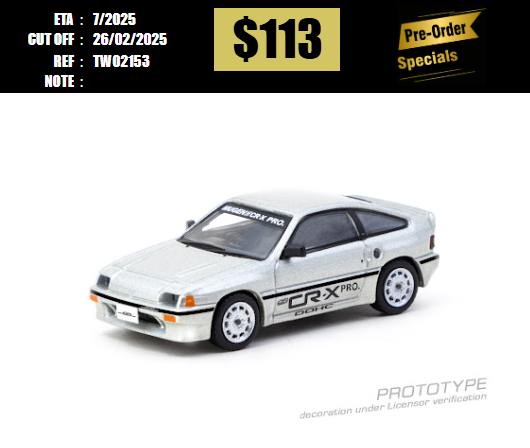 PO-$113 * TARMAC * 1:64 HONDA Ballade Sports MUGEN CR-X PRO Silver Model Car + Trading Cards Combo Set [OD15/02]