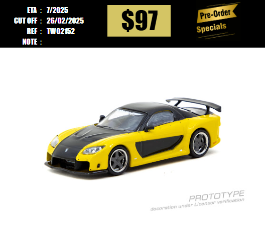 PO-$97  * TARMAC * 1:64 Mazda RX-7 VeilSide Fortune7 Yellow / Black [OD15/02]