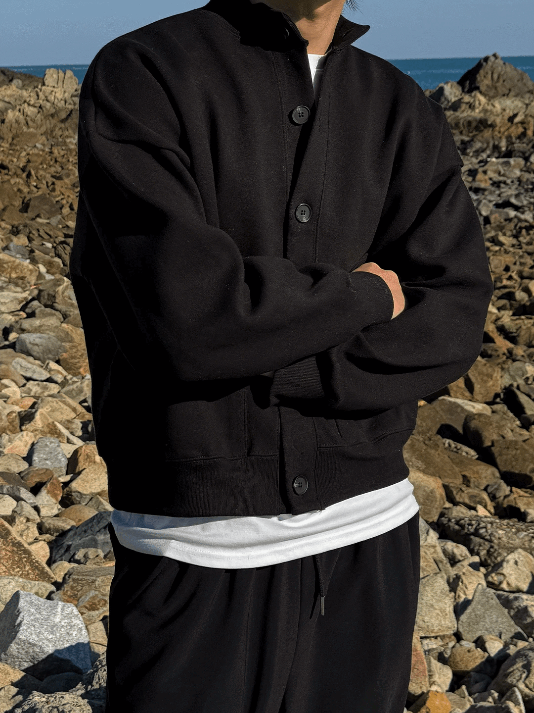 短版雙層針織鈕扣開衫外套