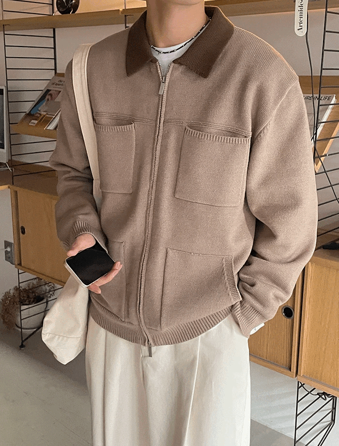 撞色領大口袋工裝針織外套