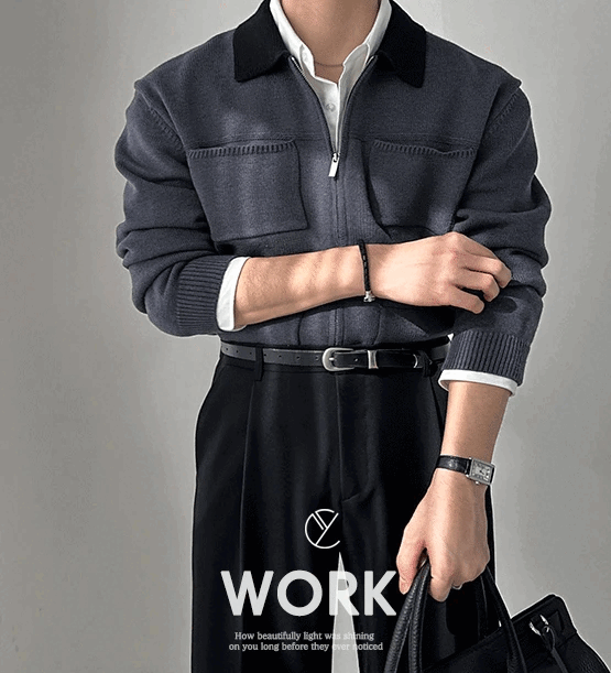 撞色領大口袋工裝針織外套