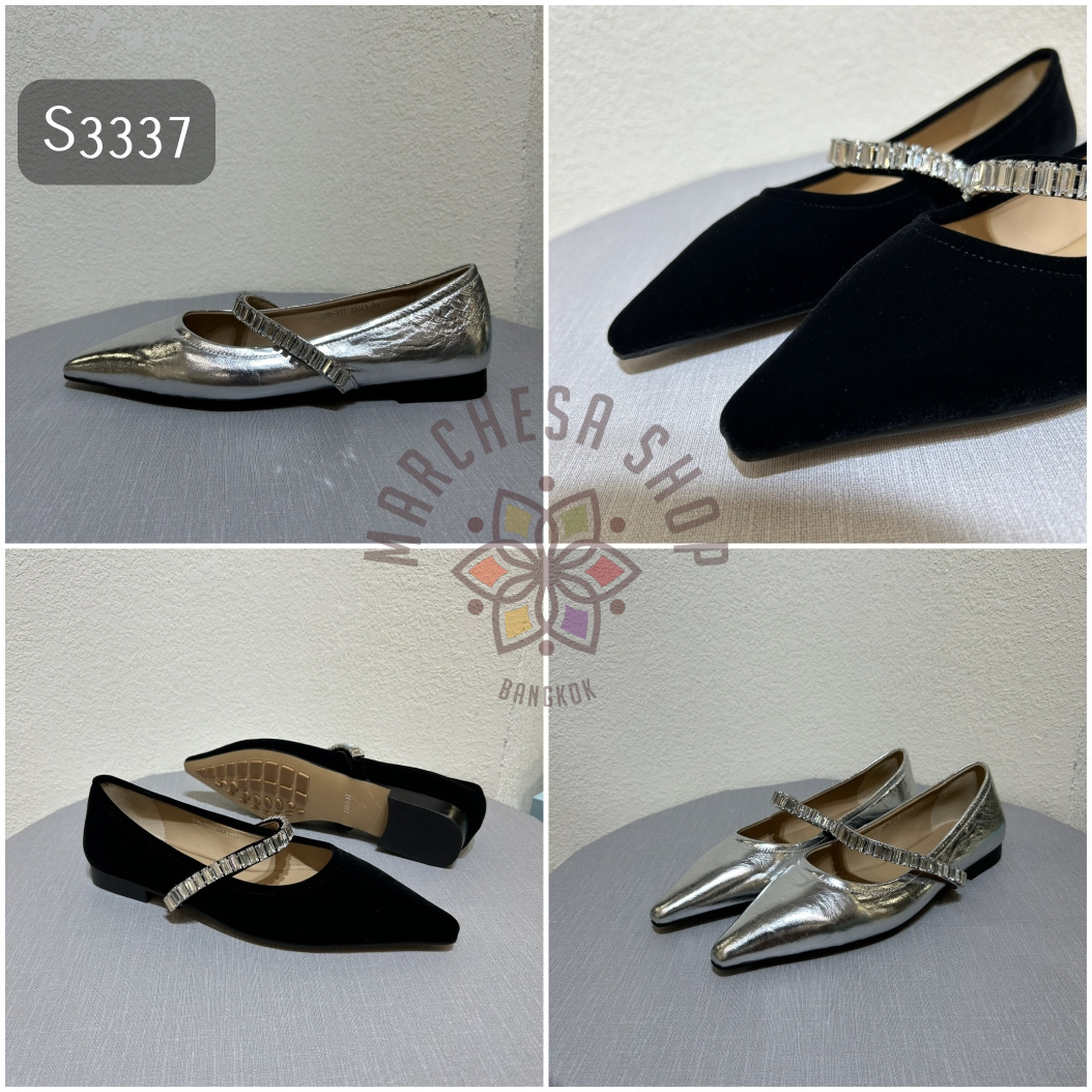 S3337 - 牛皮閃鑽一字帶尖頭平底鞋