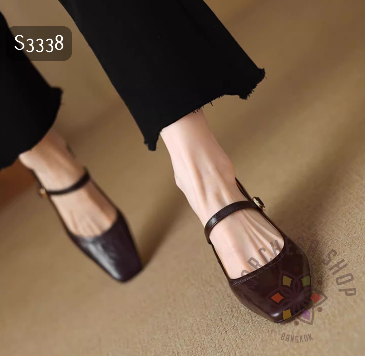 S3338 - 真皮羊皮簡約一字帶方頭高踭鞋 (兩種高度)