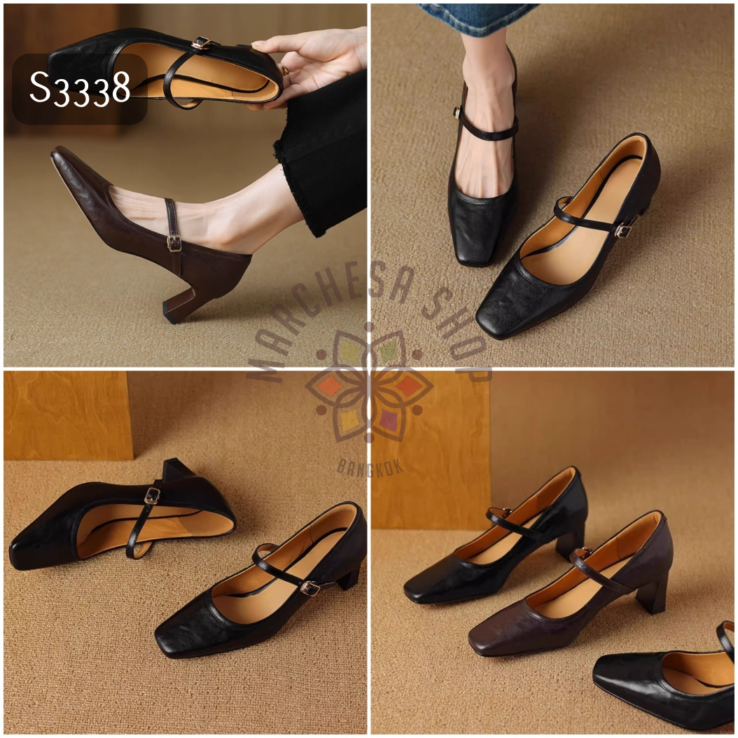 S3338 - 真皮羊皮簡約一字帶方頭高踭鞋 (兩種高度)