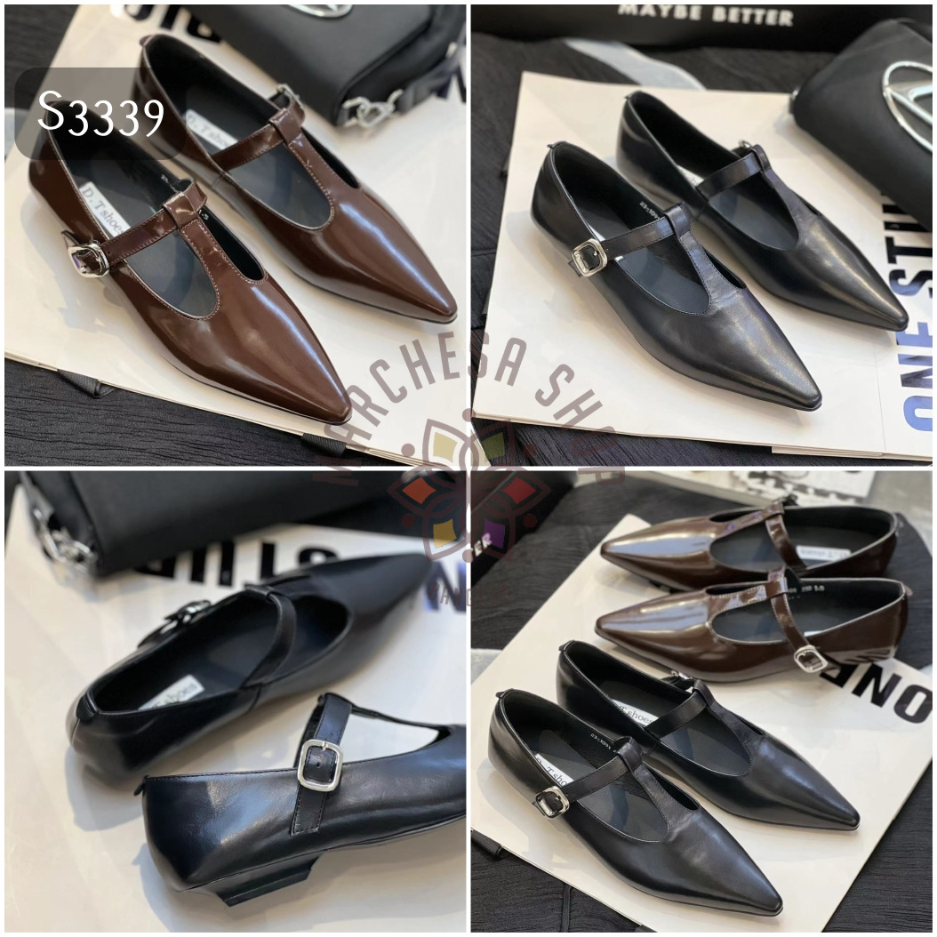 S3339 - 牛皮鏤空一字帶尖頭平底鞋