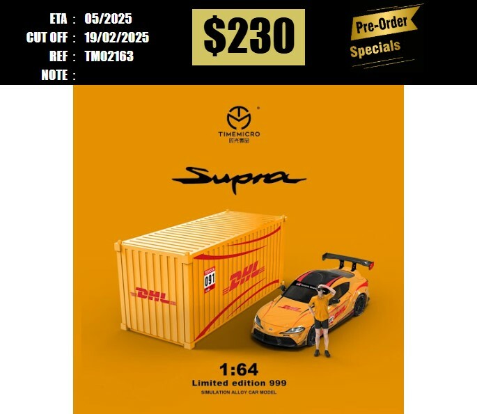PO-$230 * TIME MICRO * 1:64 TOYOTA SUPRA A90 ORANGE DHL W/FIGURE + CONTAINER [OD16/02]