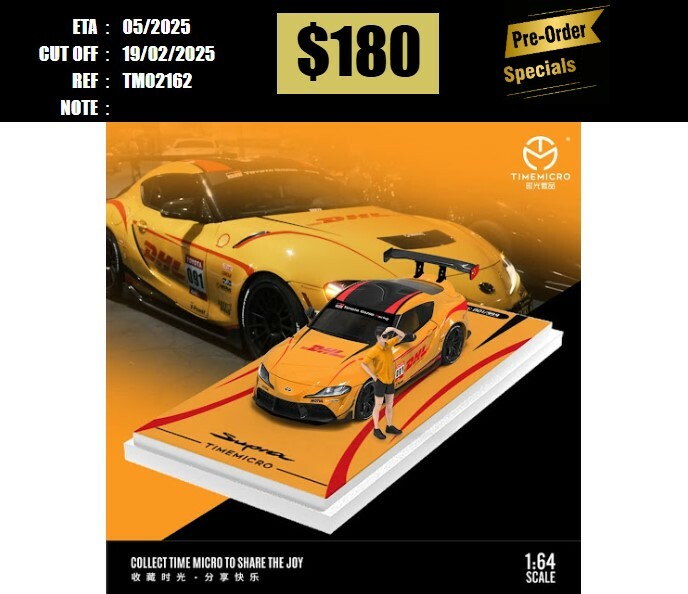 PO-$180 * TIME MICRO * 1:64 TOYOTA SUPRA A90 ORANGE DHL W/FIGURE [OD16/02]