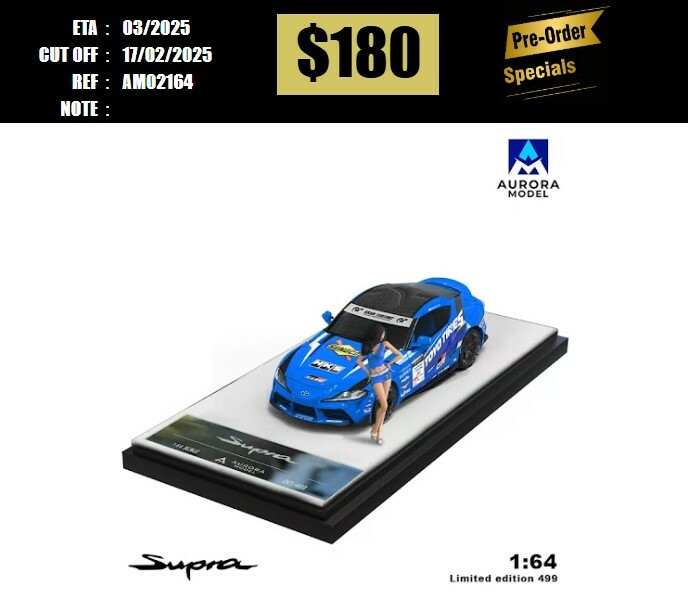 PO-$180 * AURORA MODEL * 1:64 TOYOTA SUPRA A90 TOYO TIRES BLUE W/FIGURE [OD16/02]