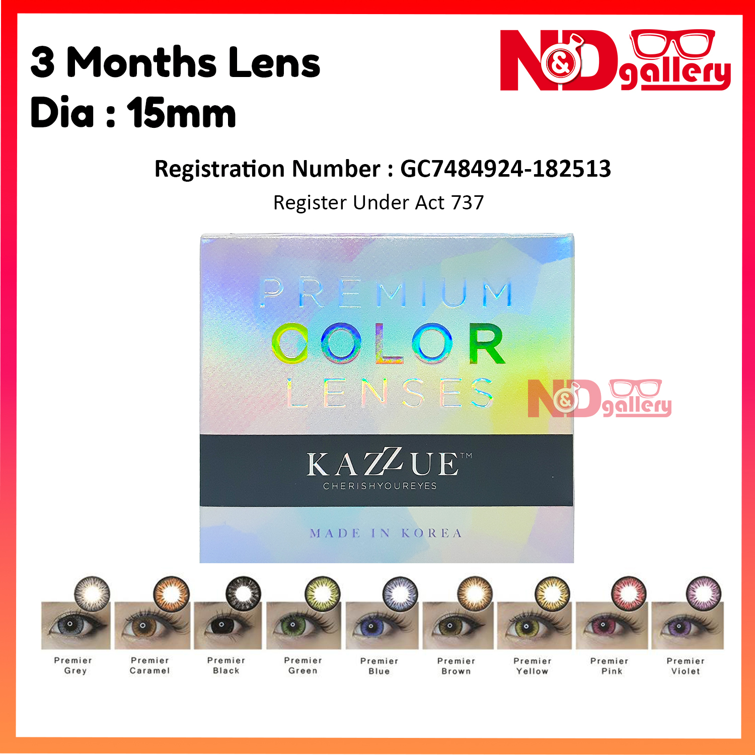 Kazzue Premier 3 Months Disposable Color Contact lens Dia 15mm 0.00 to -8.00DS (grey)