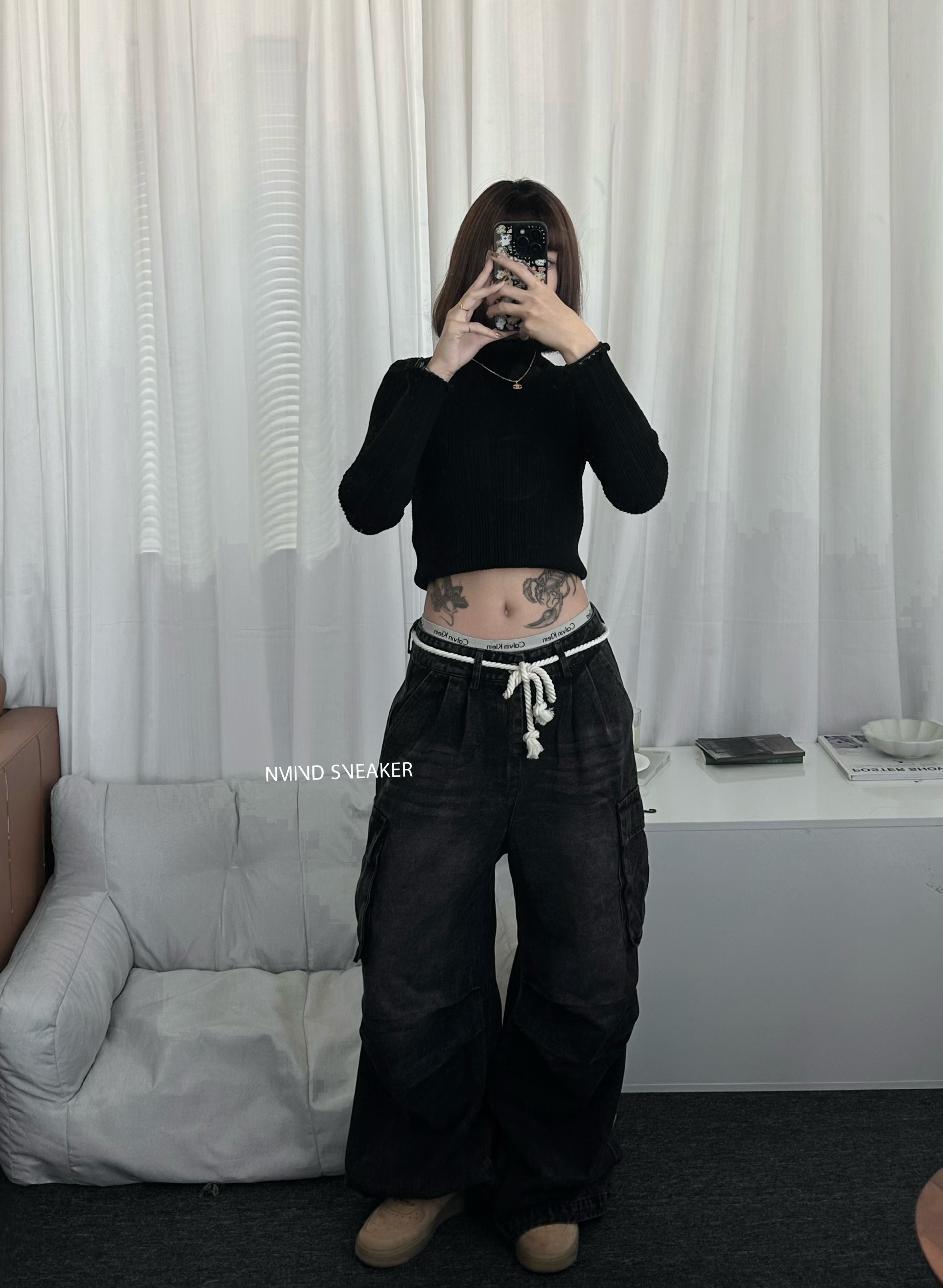 <快速出貨> ERHU復古美式 麻繩綁帶 水洗褶皺 牛仔寬褲