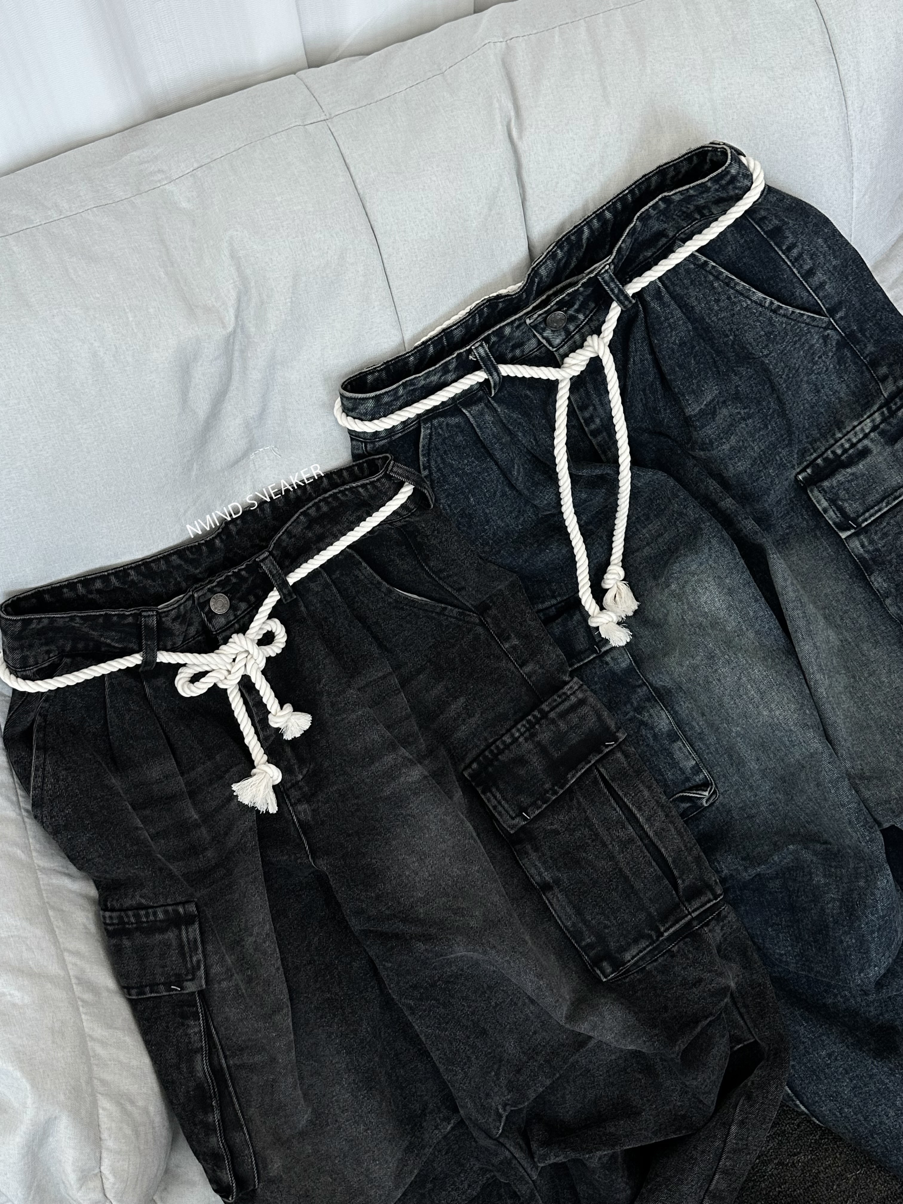 <快速出貨> ERHU復古美式 麻繩綁帶 水洗褶皺 牛仔寬褲