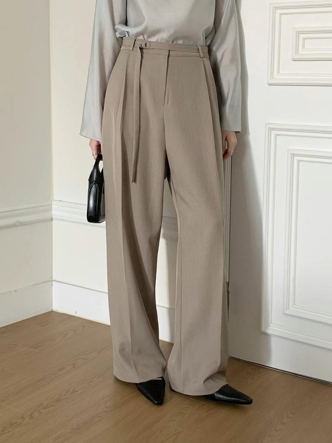 細腰帶直腳長褲