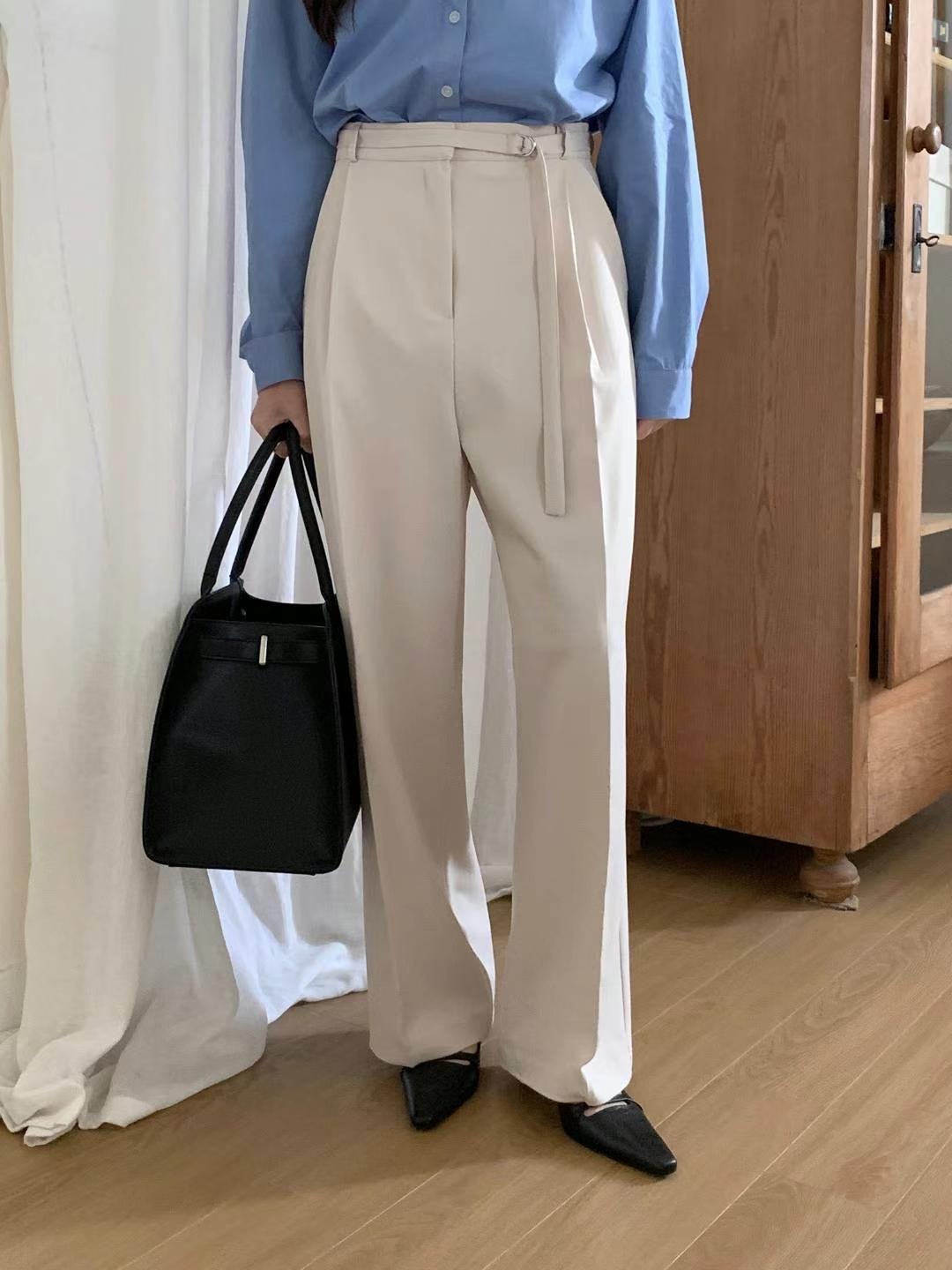 細腰帶直腳長褲