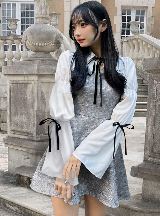Jozy ribbon flare mini dress AM1326（Blossom Ruched Flare