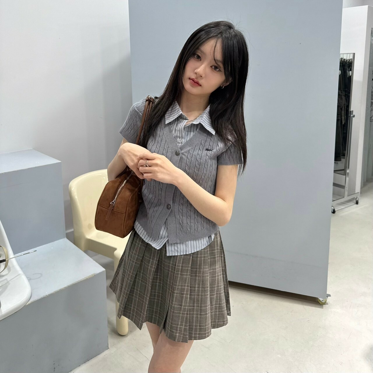 高校麻花直紋襯衫兩件套