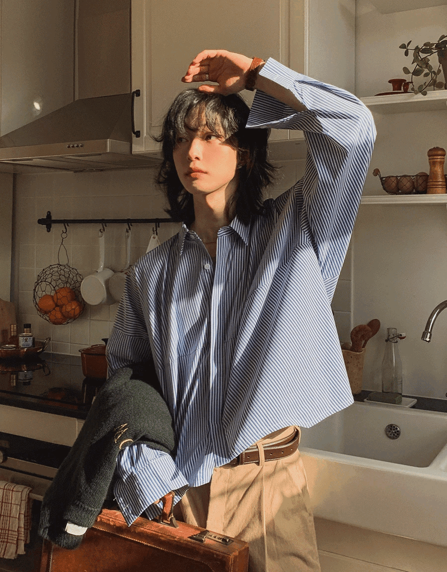 GT棉質短版條紋襯衫