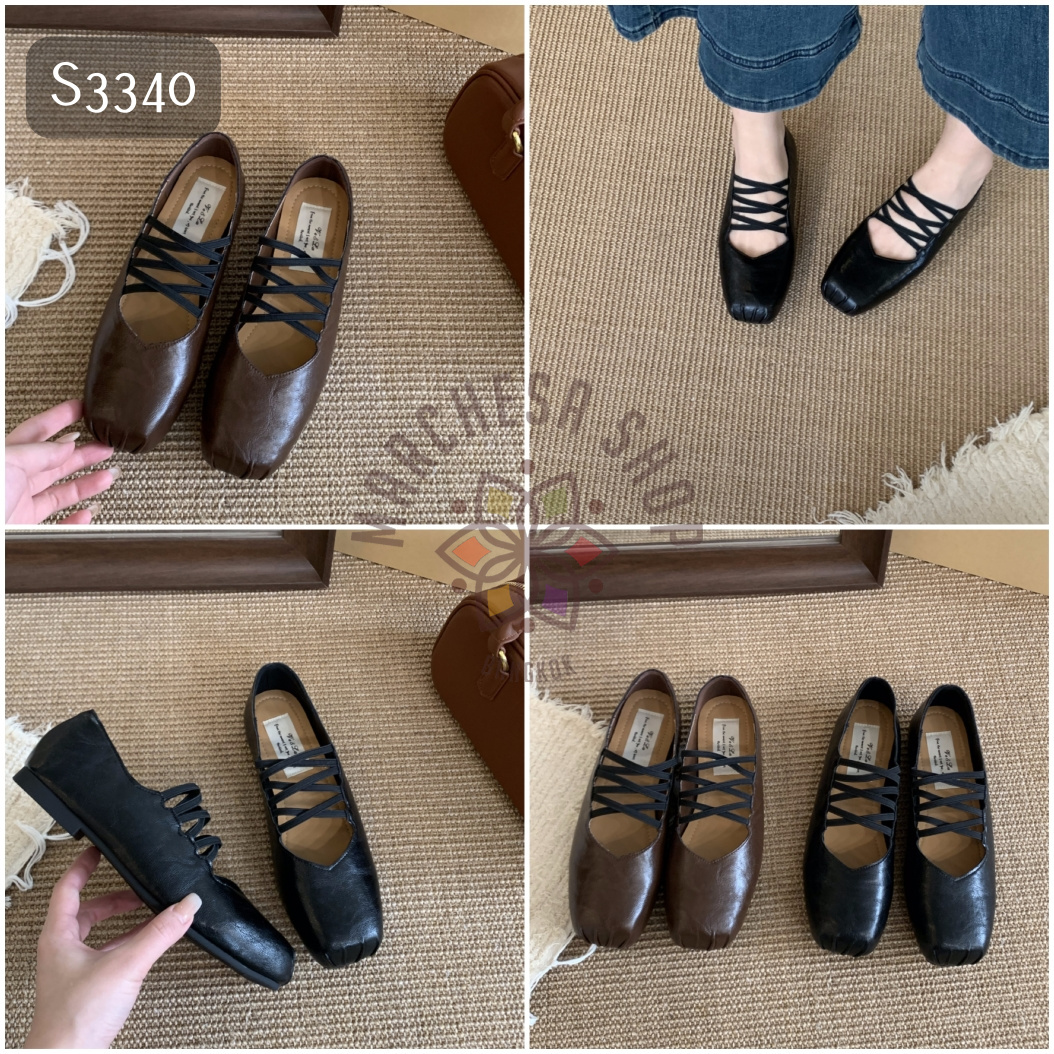 S3340 - 牛皮三交叉搭帶方頭平底鞋
