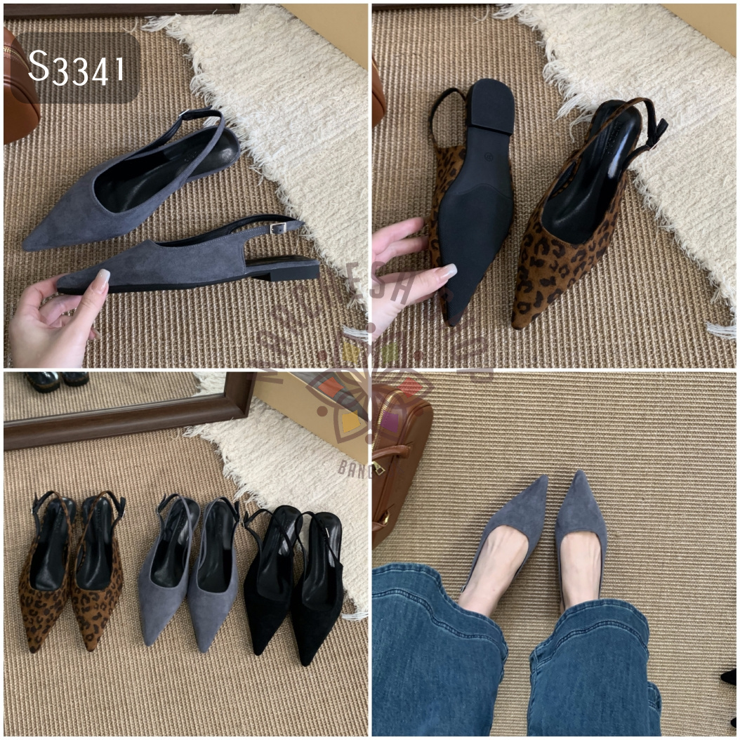S3341 - 牛猄皮後踭鏤空一字帶尖頭平底鞋