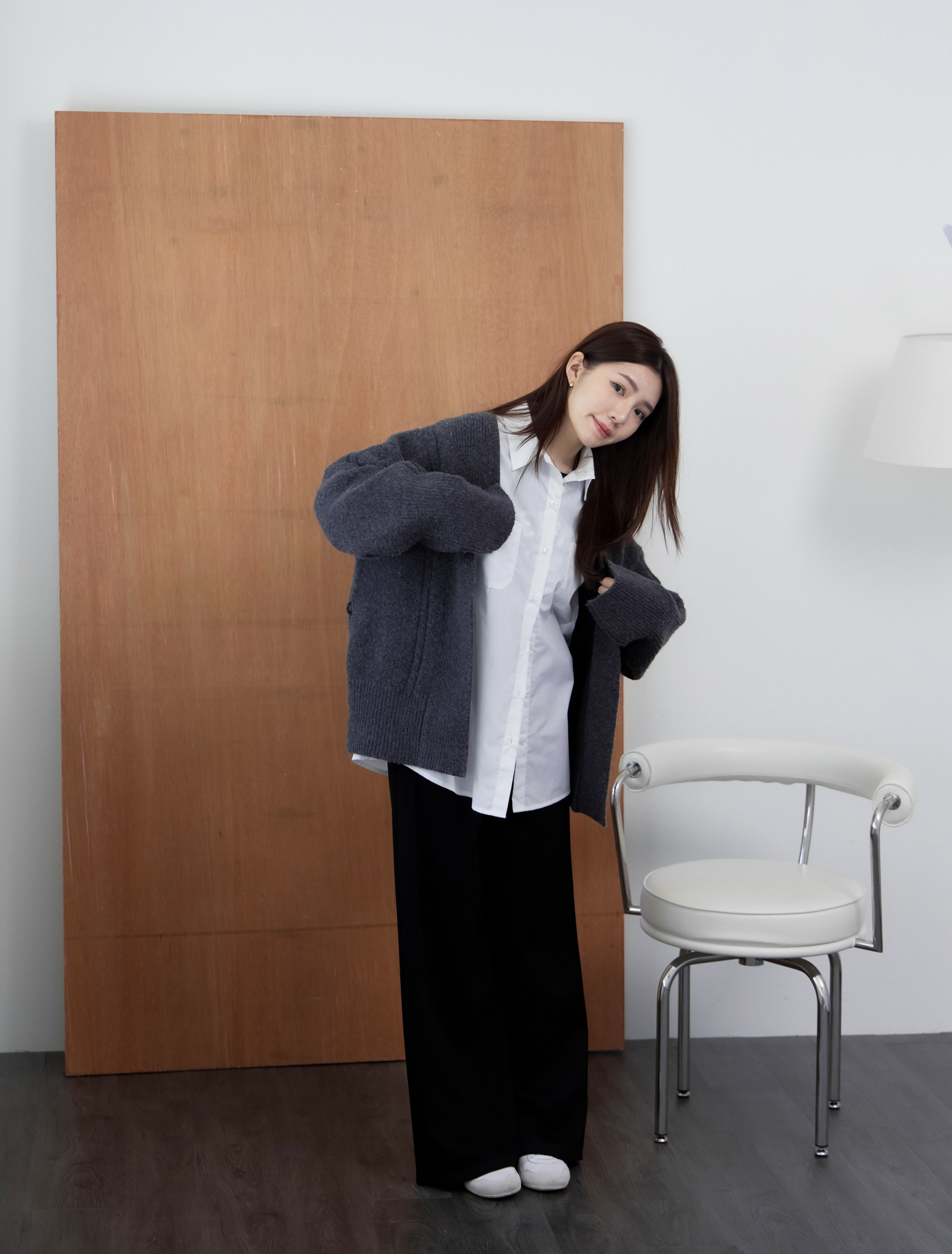 guten made/坑條壓紋厚針織開襟外套（附綁繩）-灰