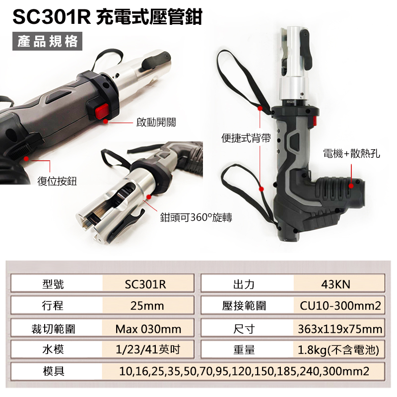 附發票｜芯片款SC301R｜三合一 充電壓接鉗 端子鉗 通用牧田18V 不鏽鋼 水管 電纜 直立式