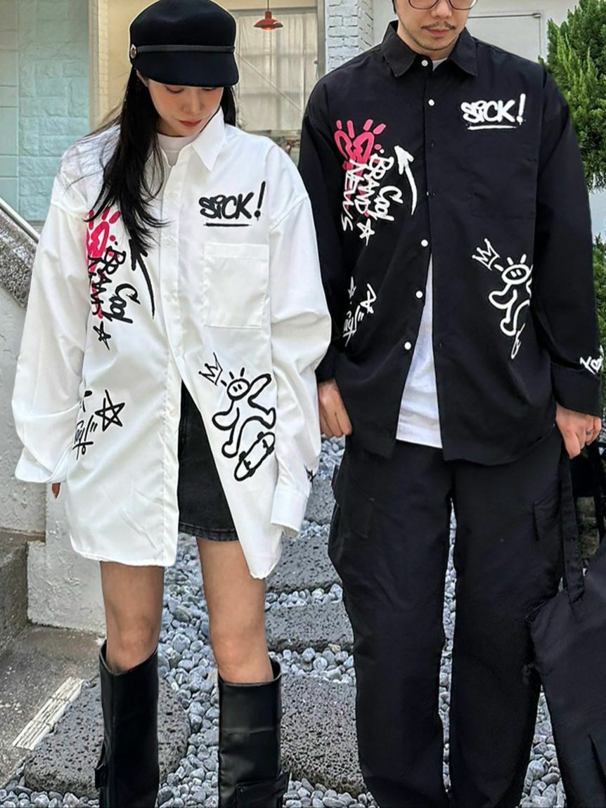 淨色/直間英文字圖案長袖恤衫 PLUS82HIYA-118S