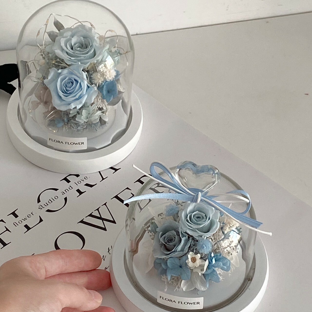 永生花愛心玻璃罩夜燈-海鹽藍