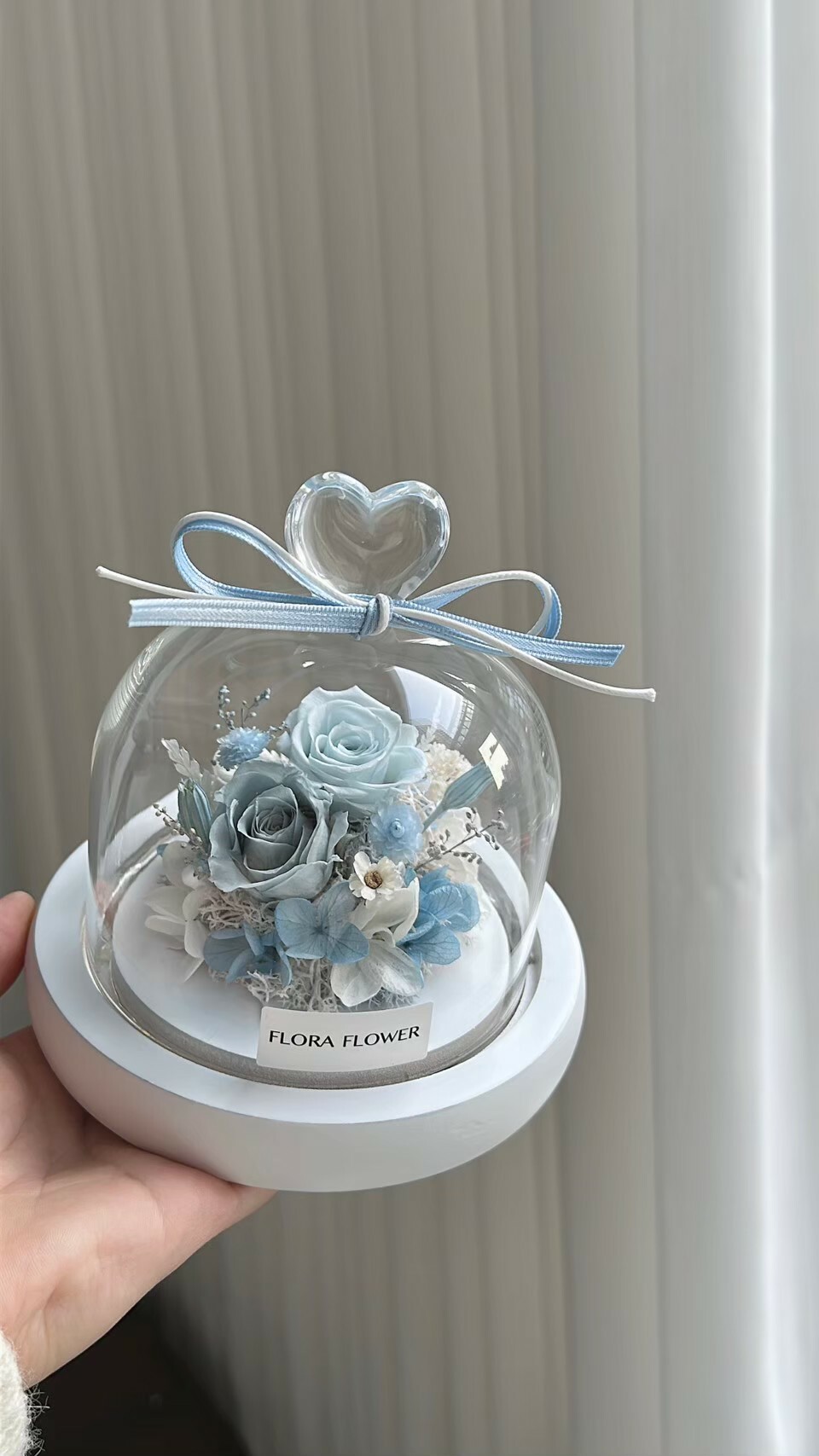 永生花愛心玻璃罩夜燈-海鹽藍