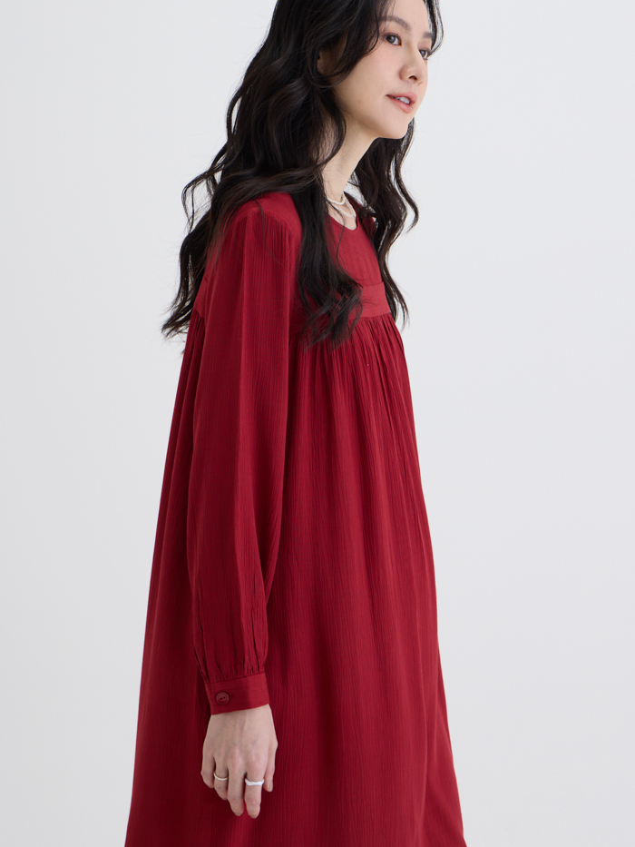 自由圓領拼接長袖洋裝-無花果紅