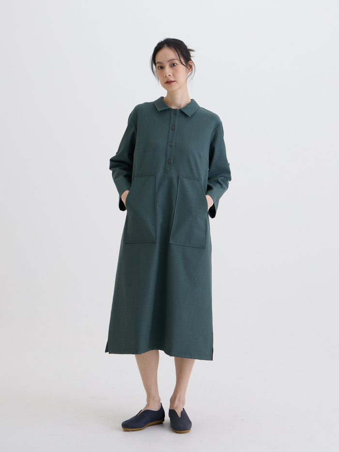 素色半開襟長袖洋裝-薄青