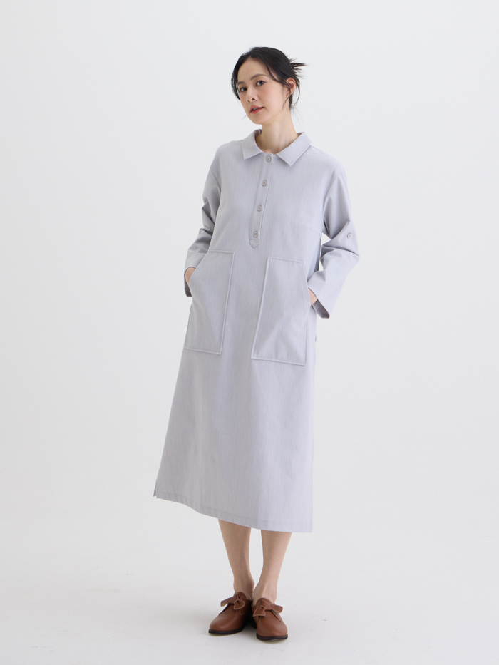 素色半開襟長袖洋裝-淡月