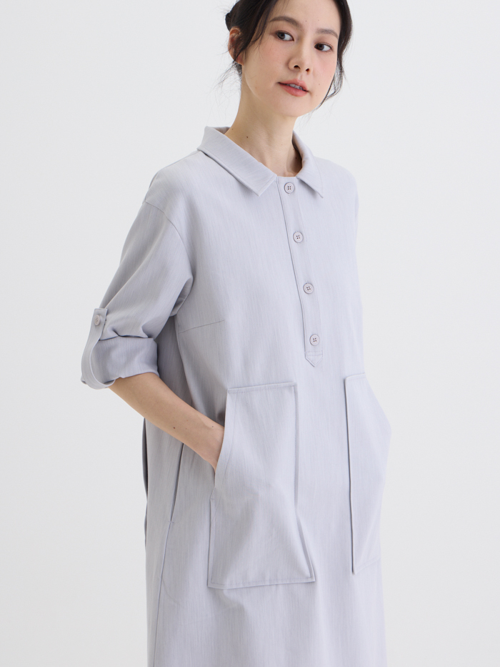 素色半開襟長袖洋裝-淡月