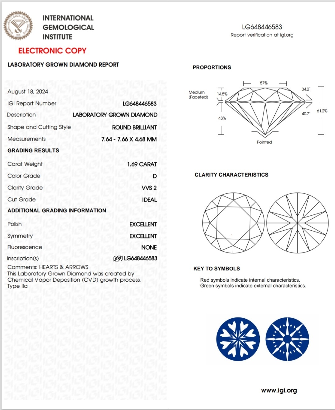 IGI LAB GROWN DIAMOND 1.69 D VVS2 IDEAL 2EX NON