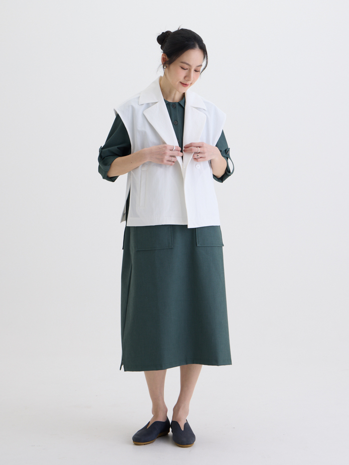 素色半開襟長袖洋裝-薄青