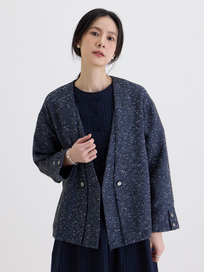 雙城大V領外套-花紗藍